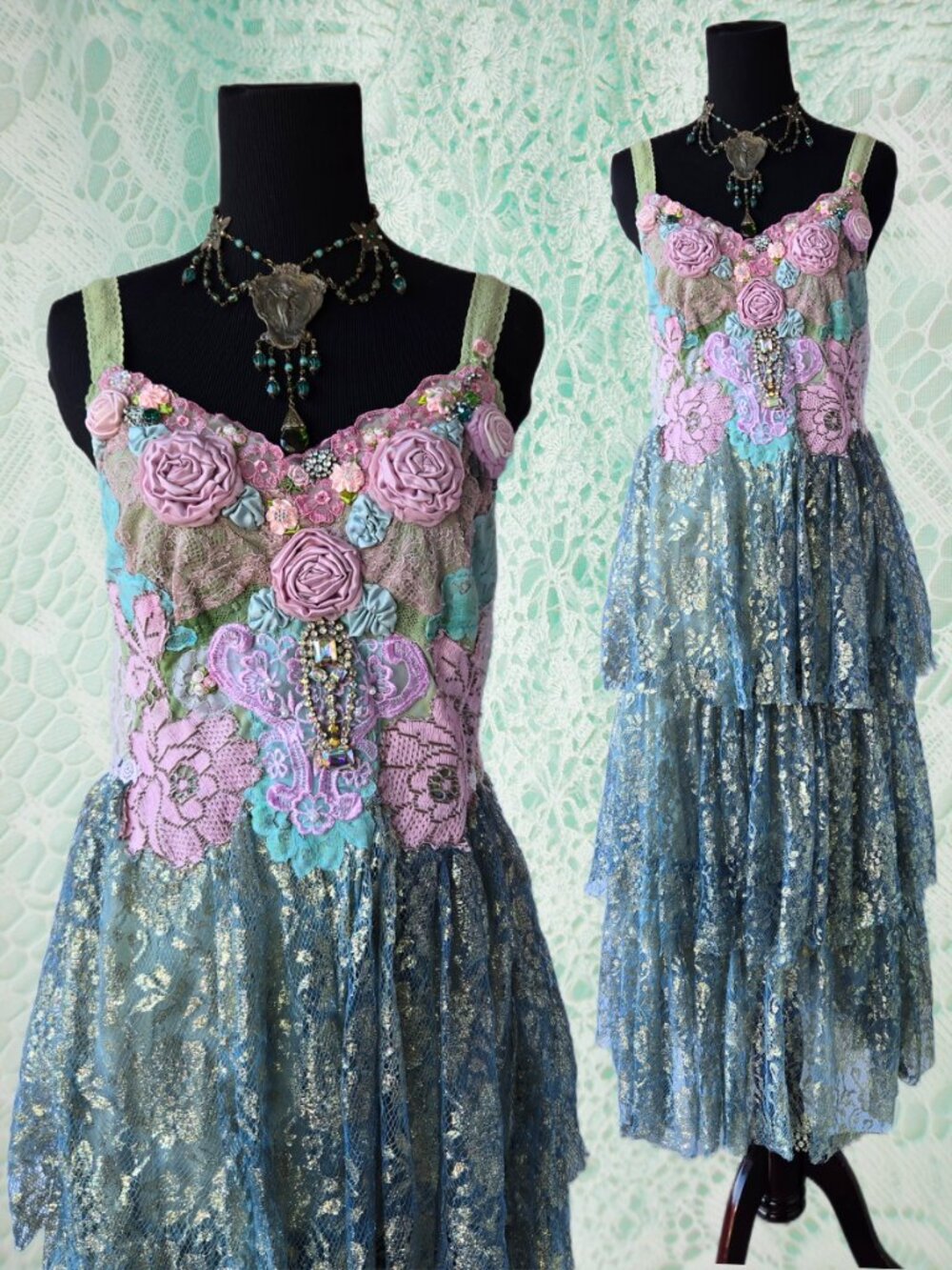 Handmade Ethereal Dress Pink Rose Embroidery Jewel Romantic Princess Fairycore